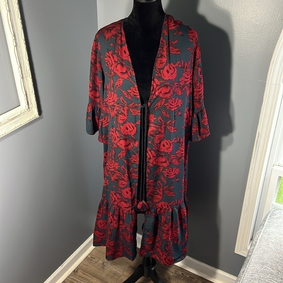 Collection XIIX Dark Floral Ruffle Kimono Duster NWT OS Boho Festival Music Fest - Picture 2 of 9